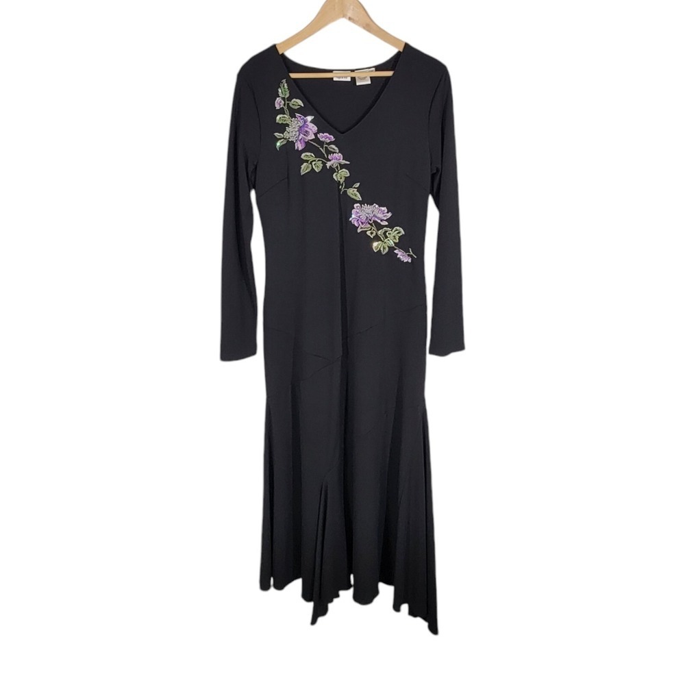 Vintage‎ Together Whimsigoth Midi Dress Womens 12 Black Floral Embroidered Goth